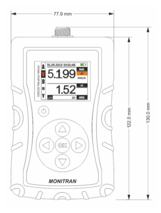 Dibujo dimensiones y accesorios incluidos con el medidor de vibración MTN/VM220.