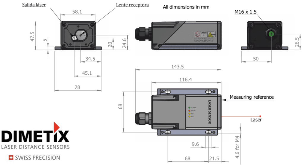 Plano dimensional del sensor láser de distancia Dimetix