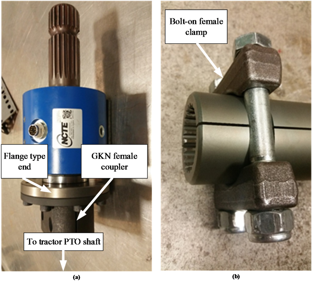Capteur de couple NCTE installé sur la prise de force (PDF) d'un tracteur lors d'essais au dynamomètre
