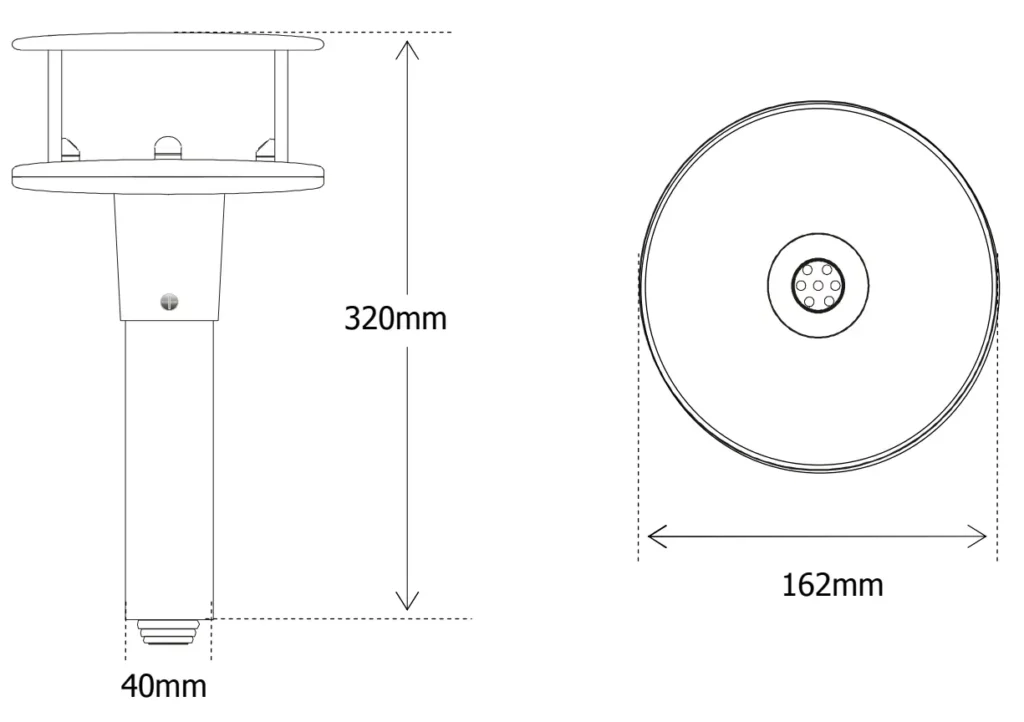 Dimensiones del anemómetro ultrasónico ANESB NESA para medición de velocidad y dirección del viento (altura 320 mm, diámetro 162 mm).