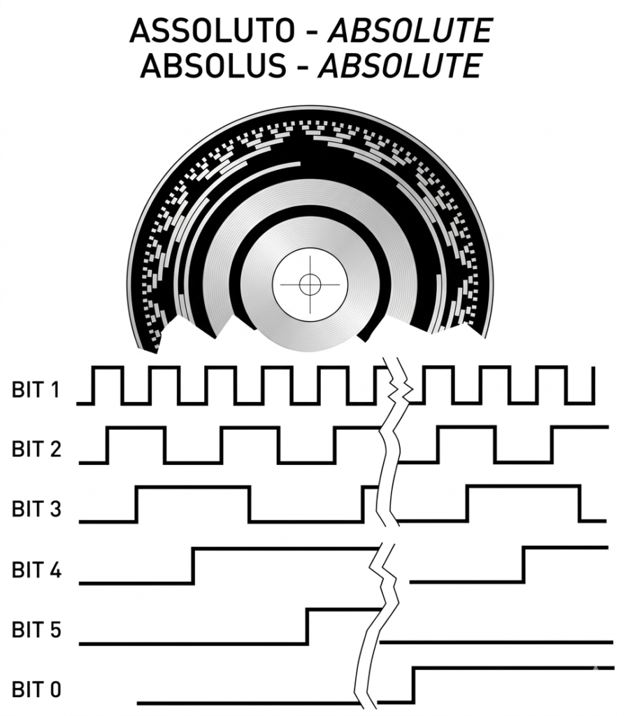 Diagrama técnico de um codificador absoluto mostrando o disco de codificação óptica e as formas de onda digitais para diferentes bits (BIT 0 a BIT 5).