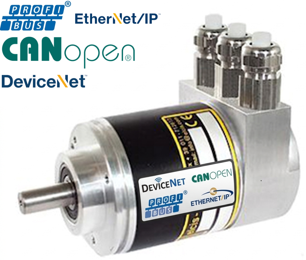 Encoder absoluto de múltiplas voltas com interfaces de barramento de campo DeviceNet, Profibus, CANopen e Ethernet TCP/IP.