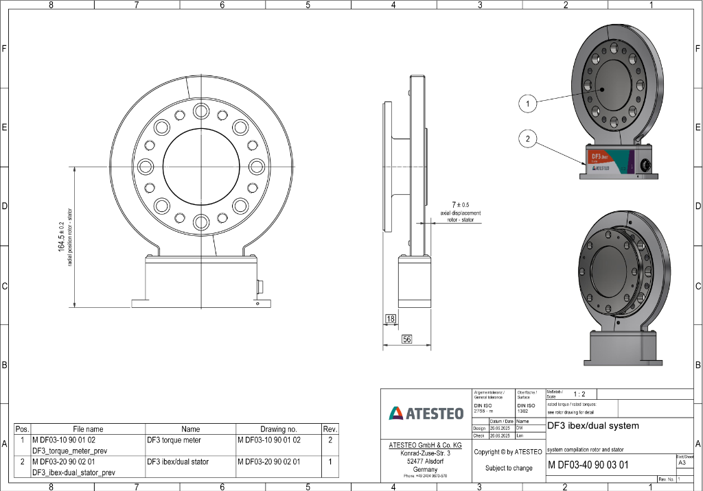 Plano dimensional mecanico general del transductor de par masivo DF Ibex 3 brida ISO PCD 130.0 mm