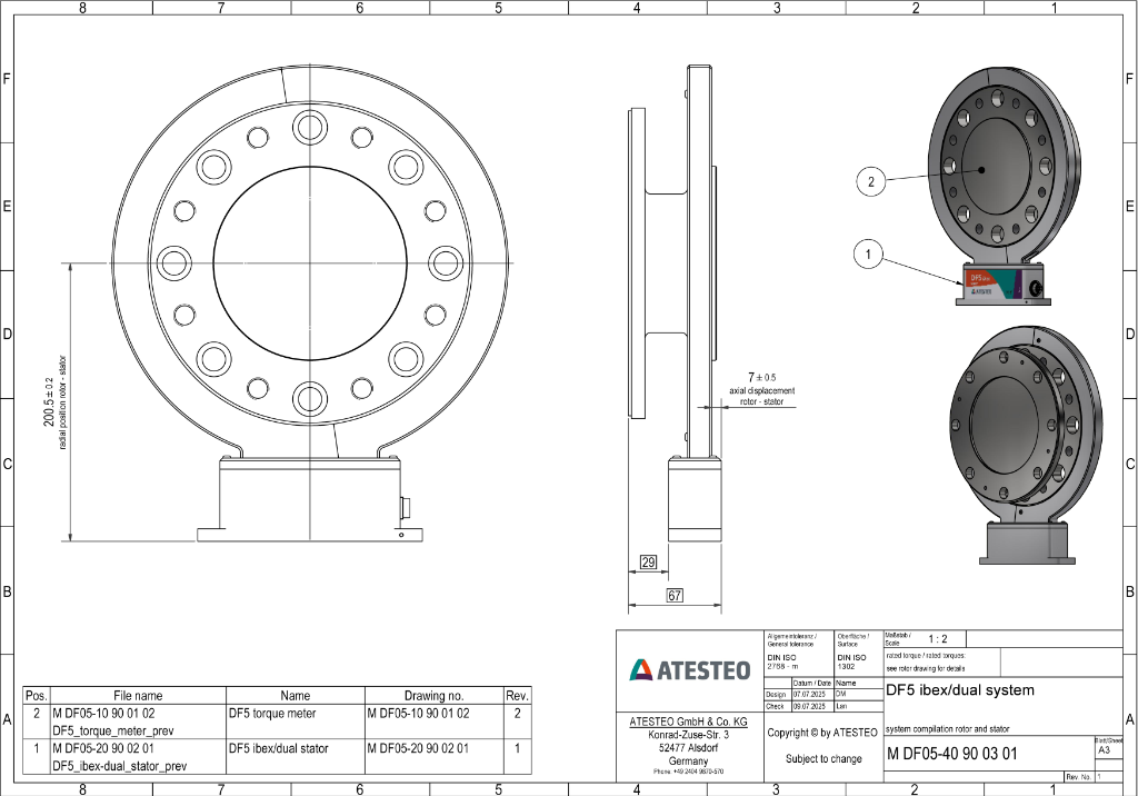 Debuxo dimensional estrutural detallado do megatransdutor anular DF Ibex 5 instalado nun patrón de brida ISO PCD de 196,0 mm