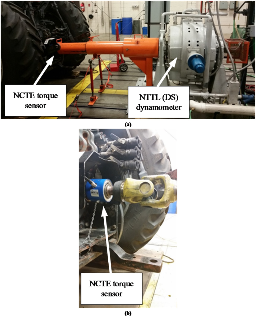 Mesure du couple à la prise de force (PDF) des tracteurs : validation des capteurs rotatifs dans les applications agricoles 2 Capteur de couple NCTE installé sur la prise de force (PDF) d'un tracteur et relié à un dynamomètre pour mesurer le couple transmis