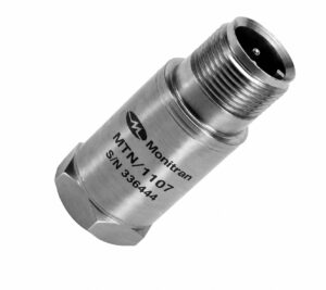 Acelerómetro industrial Monitran MTN/1107 de acero inoxidable con entrada superior.