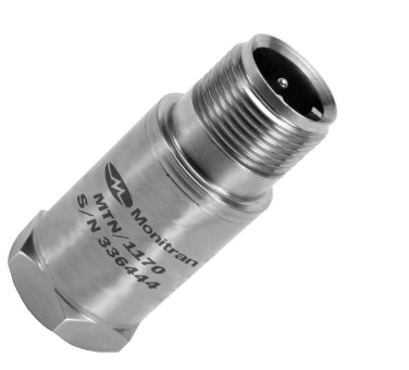Acelerómetro industrial Monitran MTN/1170 con conector militar de 2 pines y salida superior.