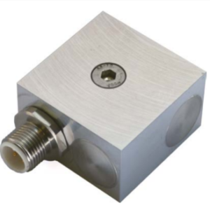 Acelerómetro triaxial Monitran MTN/1330 con salida lateral y conector M12 de 4 pines.