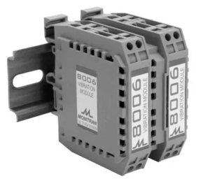 Convertidor de señal de vibración Monitran MTN/8006 para montaje en carril DIN.