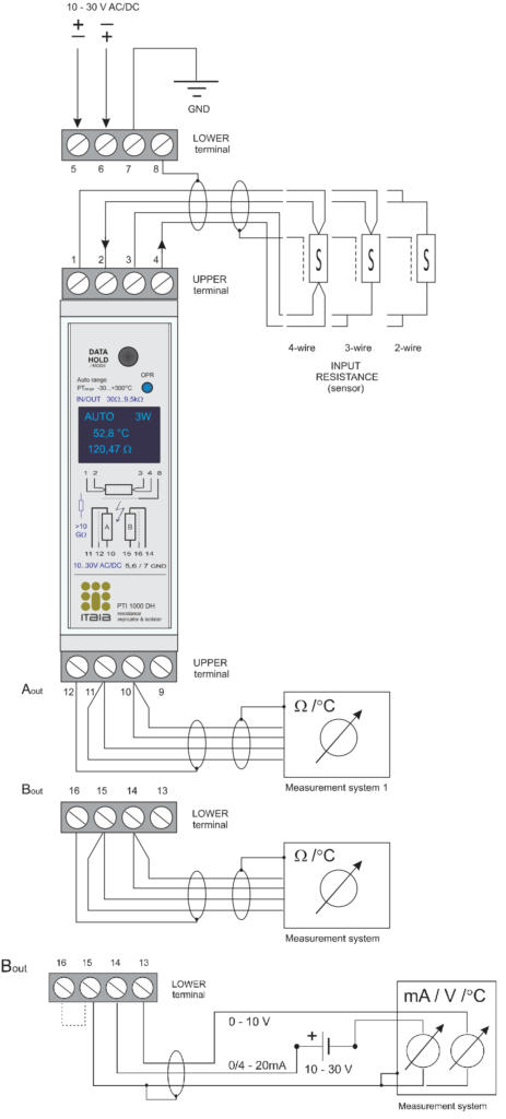 Esquema de conexión de replicador RTD para PT100 y PT1000 en 2, 3 y 4 hilos