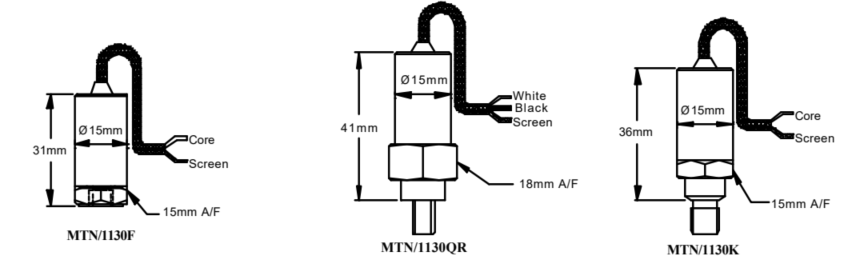 Plano de dimensiones mecánicas de las variantes F, K y QR del sensor Monitran MTN/1130.