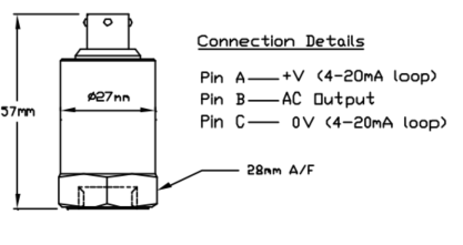 Dimensiones y esquema de conexión del acelerómetro dual Monitran MTN/1186 con conector 3-pin.