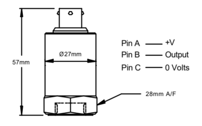 Esquema de dimensiones y pines de conexión del acelerómetro dual Monitran MTN/1188.