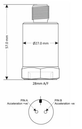 Esquema de dimensiones y conexión del acelerómetro intrínsecamente seguro Monitran MTN/2287.