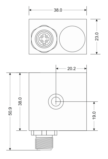 Esquema técnico y dimensiones del acelerómetro triaxial de tres ejes Monitran MTN/1330.