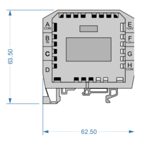 Esquema de dimensiones y bornes de conexión del convertidor Monitran MTN/8006.
