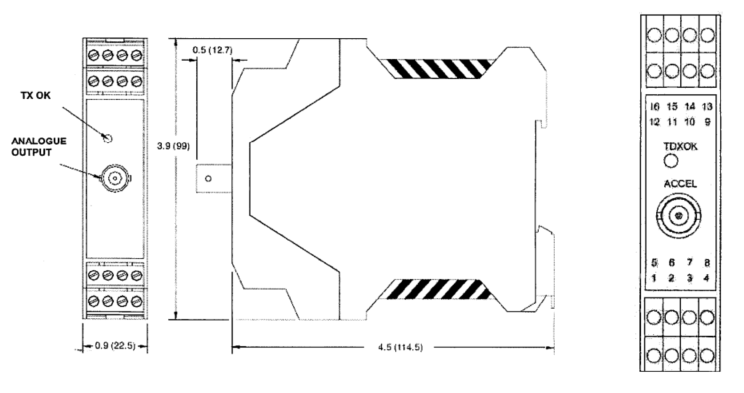Dimensiones técnicas y asignación de pines del convertidor Monitran MTN/8066.