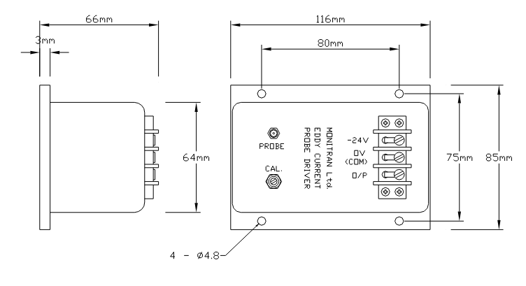 Esquema de conexiones y dimensiones del convertidor de señal Monitran MTN/ECPD.