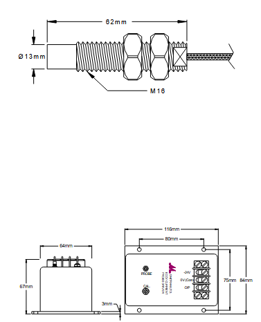 Esquema de dimensiones y rosca M16 del sensor de desplazamiento Monitran MTN/EP200.