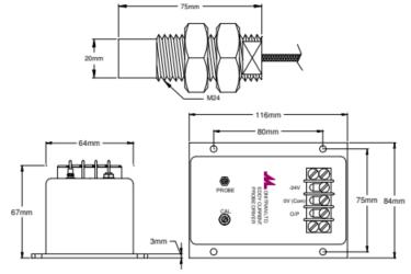 Dimensiones técnicas y rosca M24 del sensor de desplazamiento Monitran MTN/EP340.