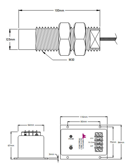 Esquema de dimensiones y rosca M30 del sensor de desplazamiento Monitran MTN/EP480.