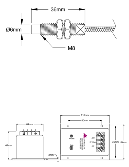 Esquema de dimensiones y rosca M8 del sensor de proximidad Monitran MTN/EP080.