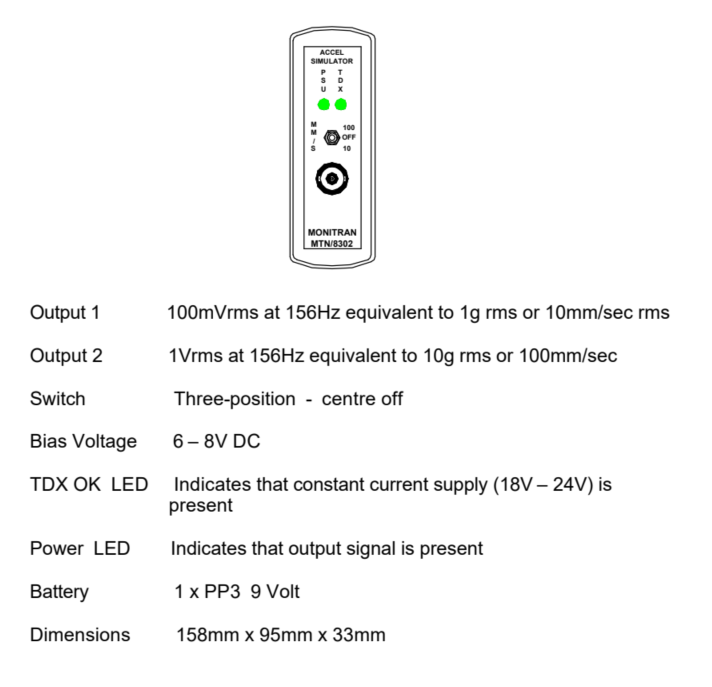Dimensiones y esquema de panel del simulador de vibración Monitran MTN/8302.