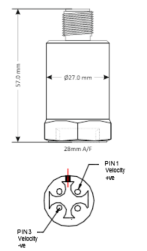 Esquema de dimensiones y pines del transductor de velocidad de seguridad intrínseca Monitran MTN/2285.