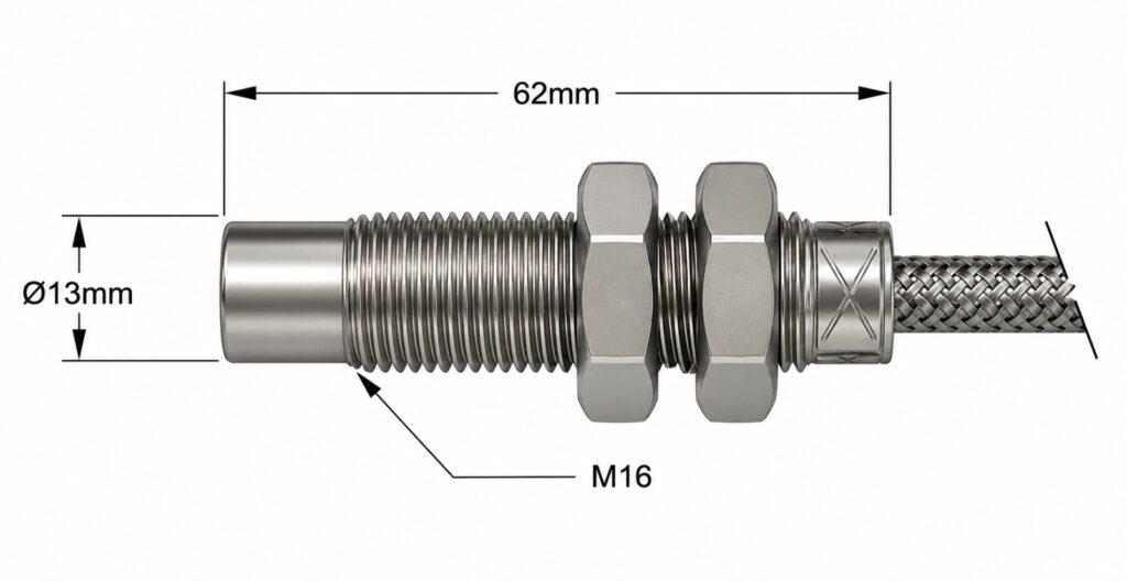 Sensor de desplazamiento industrial Monitran MTN/EP200 con rango de 5mm.