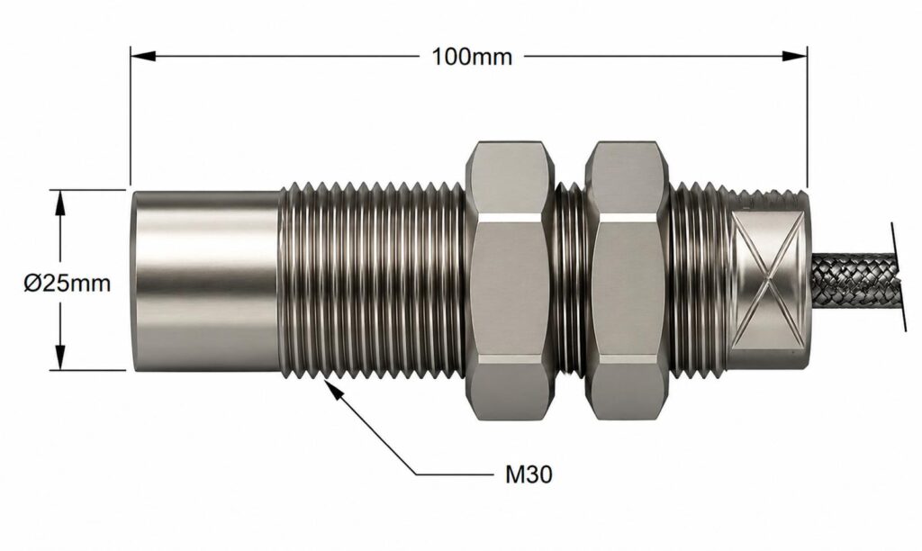 Sensor de desplazamiento industrial Monitran MTN/EP480 con rango máximo de 12mm.