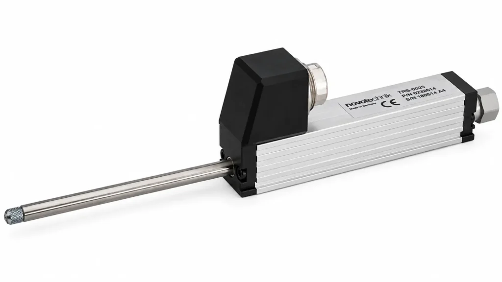 Sensor lineal potenciométrico Novotechnik TRS-0025 referencia 400023271 con retorno por muelle interno y recorrido de 25 mm