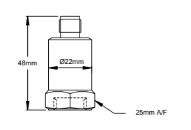 Plano dimensional del sensor de vibración industrial mostrando su altura de 48mm, el diámetro de 22mm, su base hexagonal de 25mm y la conexión coaxial TNC.