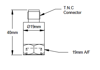 Plano dimensional del sensor de vibración mostrando el perfil de 40mm de altura, base hexagonal de 19mm y conexión coaxial TNC superior.