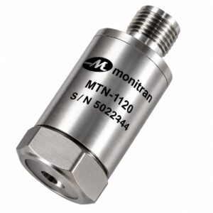 Acelerómetro industrial compacto de propósito general con carcasa de acero inoxidable y conector TNC superior para monitorización de vibraciones.