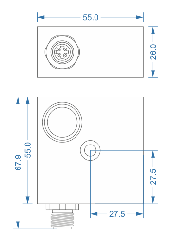 Plano mecánico dimensional del sensor triaxial IEPE ilustrando su perfil industrial, las cotas exactas de la carcasa metálica y el diseño del orificio central de montaje pasante.