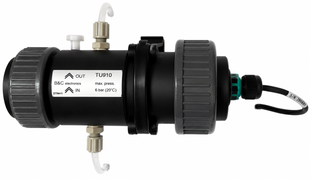 Cela de fluxo TU910 de B&C Electronics para a instalación en liña de sensores de turbidez industrial en aplicacións de auga potable e tratamento de auga.