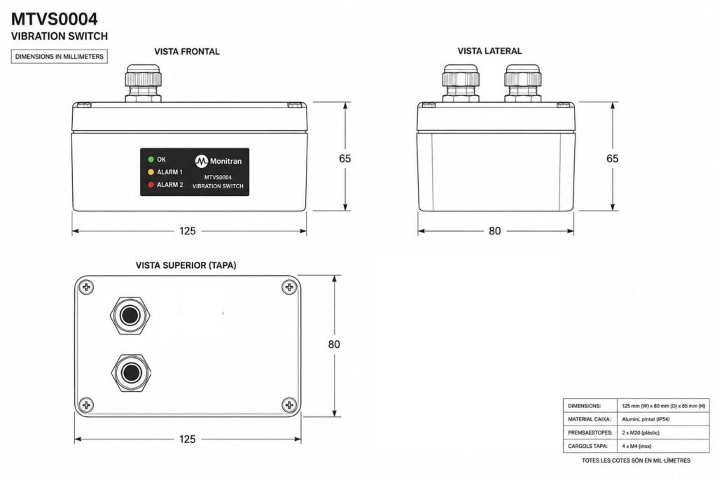 Dimensiones técnicas y detalles de ajuste del interruptor de vibración MTVS0004.