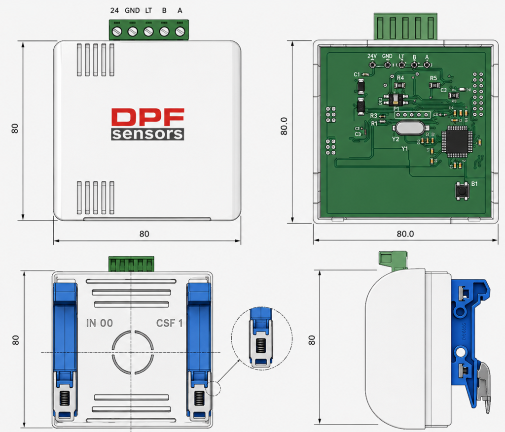 Plano técnico y dimensiones del sensor DPF-MITH-SI MODBUS RTU RS-485