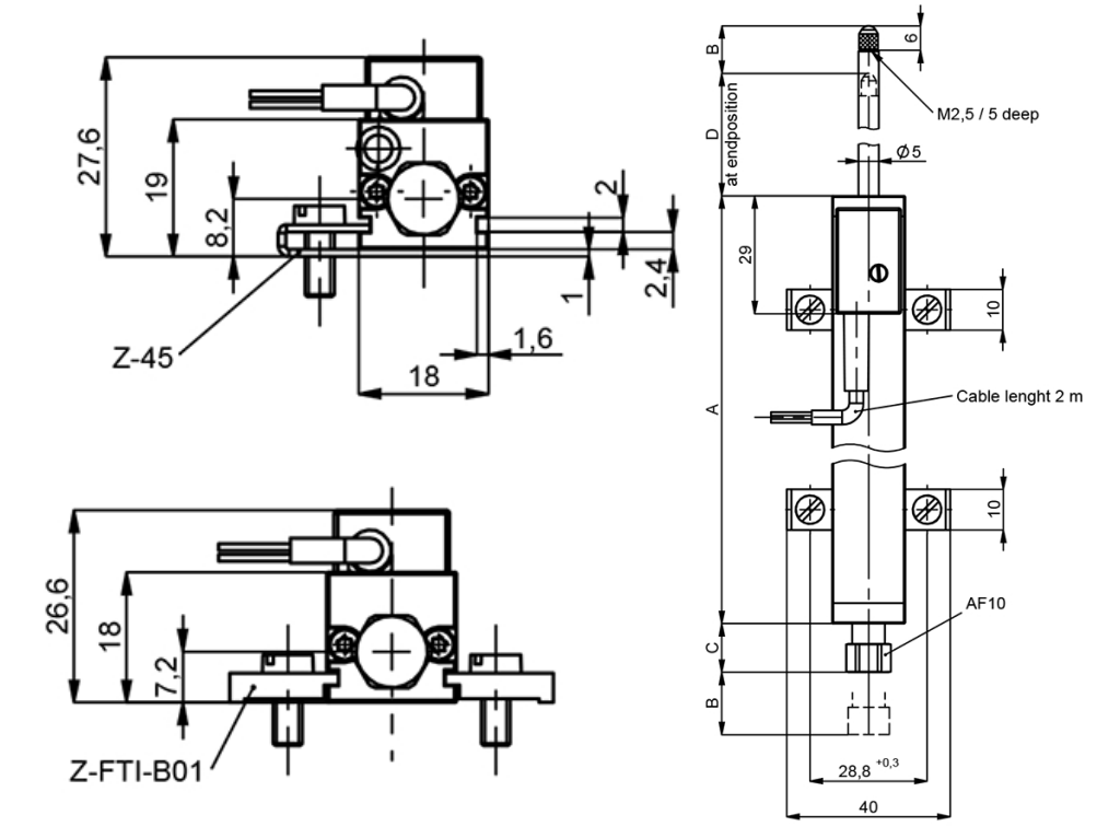 Plano dimensional sensor lineal potenciométrico Novotechnik serie TR con salida por cable