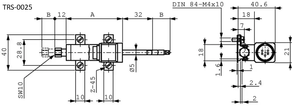 Plano dimensional del sensor lineal potenciométrico Novotechnik TRS-0025 referencia 400023271 con cotas mecánicas de montaje