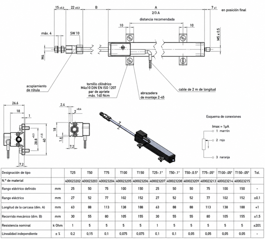 Schéma technique du capteur linéaire potentiométrique Novotechnik TS avec dimensions et schéma de connexion