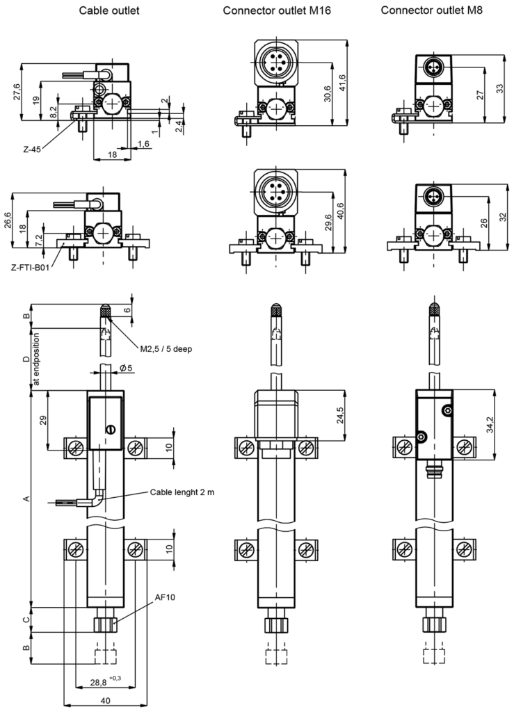 Plano dimensional del sensor lineal potenciométrico Novotechnik TR-0025 referencia 400023261 con salida por cable y cotas de montaje