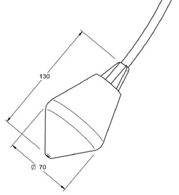 : Plano dimensional de la boya de nivel INME ECO con dimensiones de 130 mm de longitud y 70 mm de diámetro para control de nivel de agua