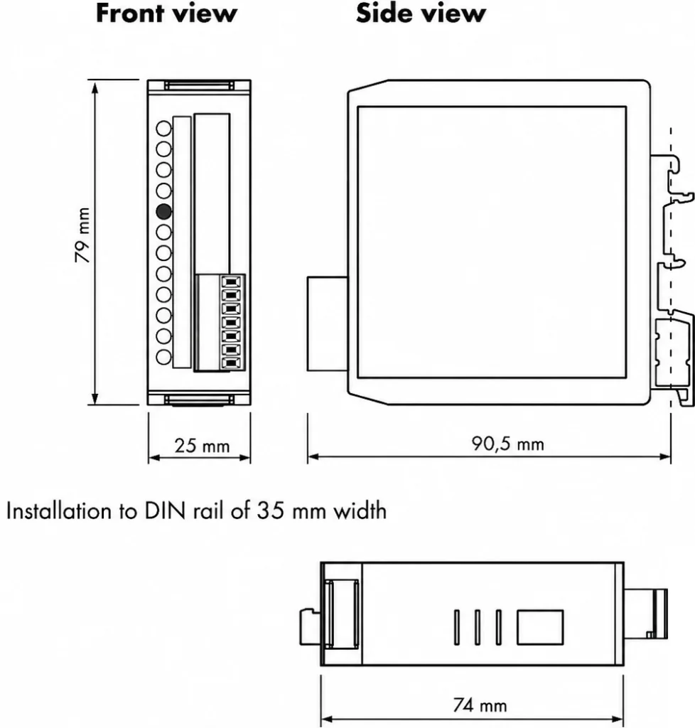 Plano dimensional del acondicionador de señal Novotechnik MUP080 para montaje en carril DIN de 35 mm