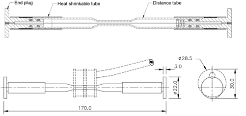 Plano dimensional y sección longitudinal del extensómetro de cuerda vibrante Encardio Rite EDS-20V con dimensiones principales y construcción interna.