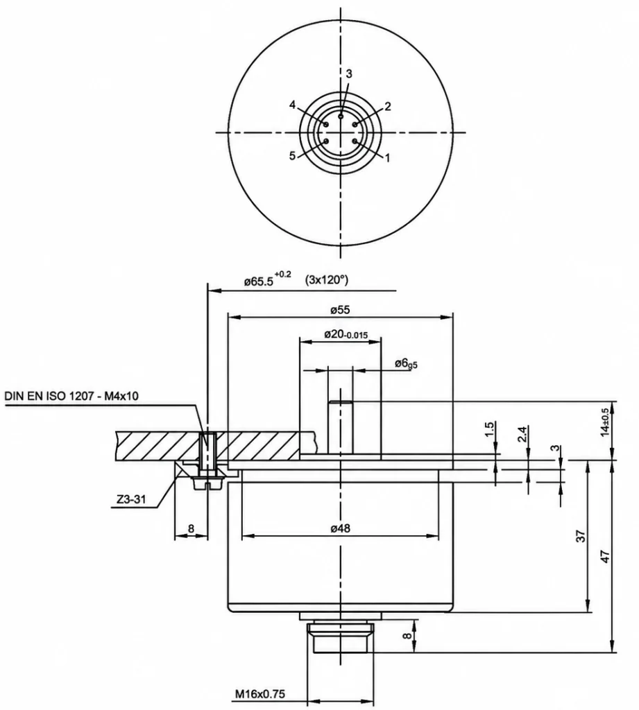 Plano dimensional del potenciómetro rotativo industrial Novotechnik IP6501-A502 con dimensiones y cotas de montaje