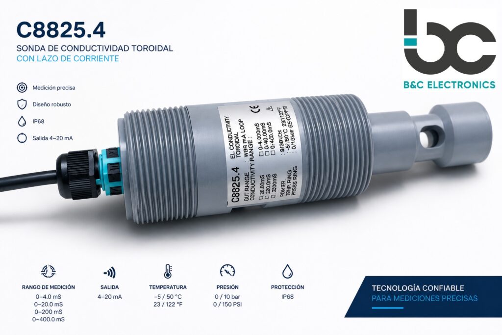 Sensor de conductividad toroidal C8825.4 B&C Electronics para aguas industriales, con salida 4-20 mA y RS485 Modbus RTU