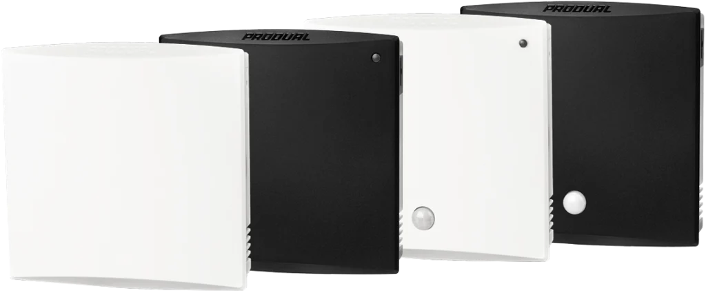 Transmisor de ambiente Produal RTX para temperatura, humedad relativa, CO2, VOC y detección de presencia