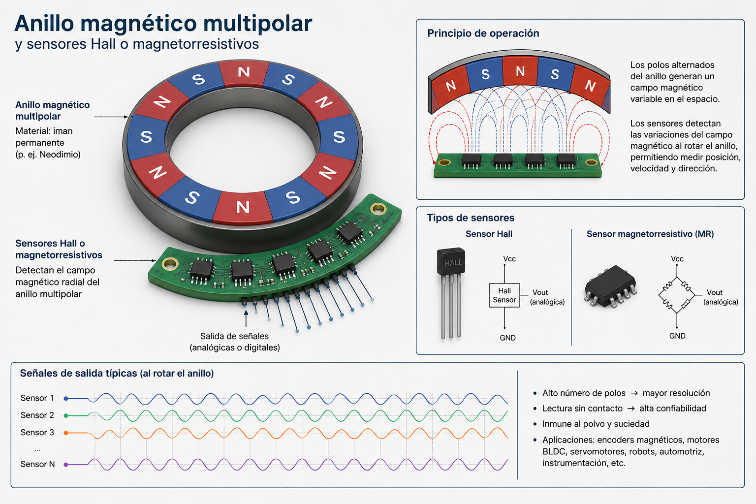 Anillo magnético multipolar y sensores Hall o magnetorresistivos.