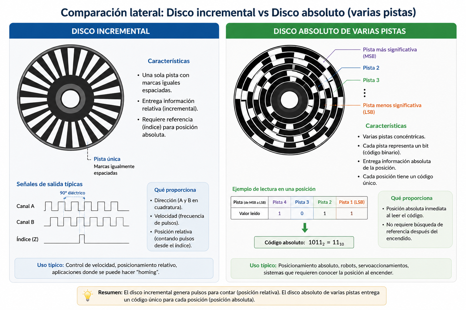 Comparación entre un disco incremental y un disco absoluto de varias pistas.